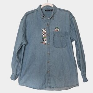Vtg 90s Outrageous Sports Cow Denim Shirt M Cottagecore Farm Kawaii Embroidered